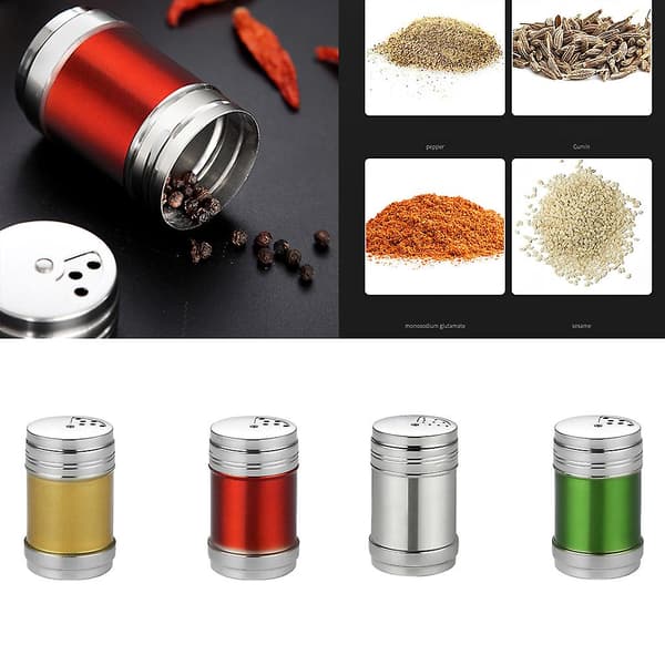 Krydder-, sukker-, salt-, pepper- og urte shaker-beholdere i rustfritt stål