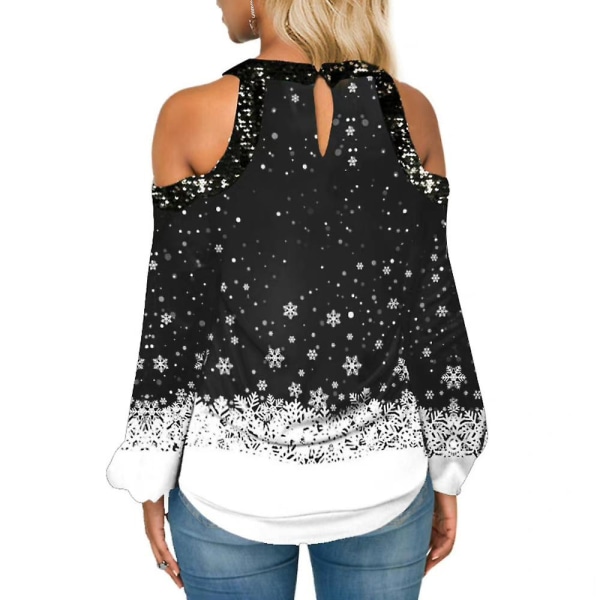 Kvinnor Christmas Snowflake Print T-shirt Xmas Långärmad Cold Shoulder Skjortor Blus Casual Lösa toppar Plus Size Black M