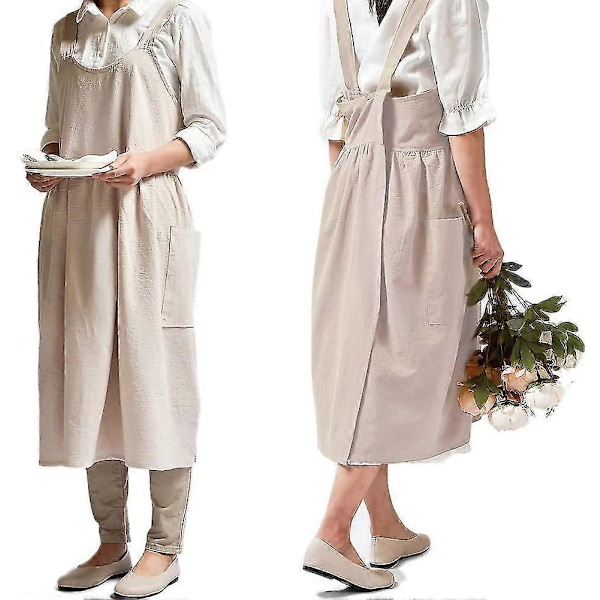Bomulls- og linforkle med kryssrygg for kvinner med lommer for matlaging, maling, beige, uten knytebånd i livet