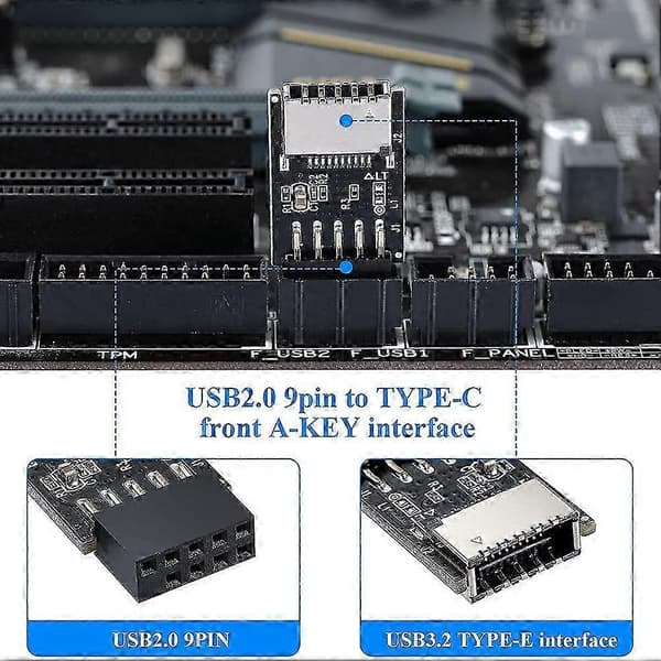 USB 2.0 Frontpanel Header USB 9Pin till USB 2.0 Typ-E Intern Adapter Moderkort Plugg Adapter