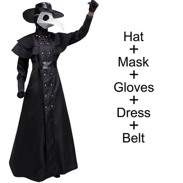 Halloween Medeltida Hooded Robe Plague Doctor Kostym Mask Hat För Män Munk Cosplay Steampunk Priest Skräck Wizard Cloak Cape M