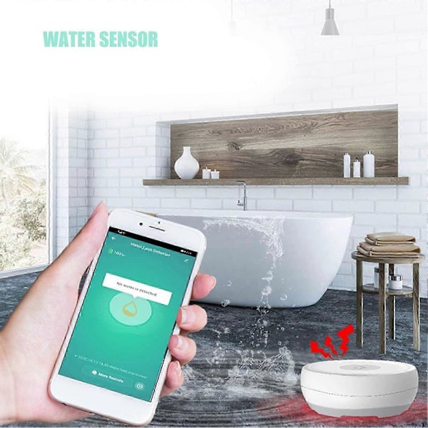 Vattenläckagedetektor Alarm, WiFi Vattenöversvämningsövervakare Smart App, Fuktlarm för Trådlös Vattensensor Kök Badrum Känslig Översvämningsdetektering