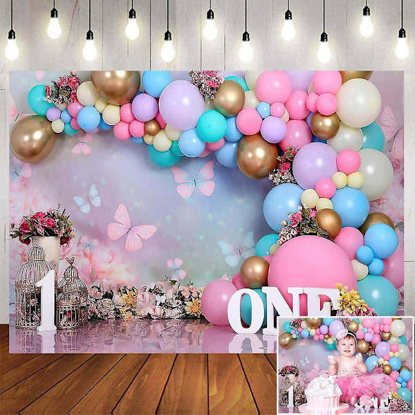 Vaaleanpunainen kulta ilmapallo tyttö ensimmäisen syntymäpäivän taustat Sweet One Wonderland kukat perhonen valokuvaus tausta linnunhäkki prinsessa syntymäpäivä koristelu