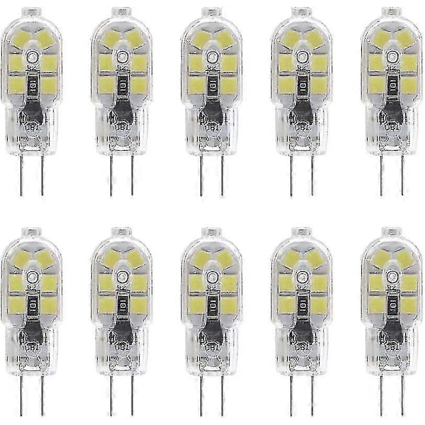 10-pakkauksen G4 2W LED-lamppu liesihuuvan valaisimille, AC/DC 12V, 20W halogeeni-lampun vastine, 200lm, kaksipinninen kirkkaalla PVC-suojalla, kylmä valkoinen 6000K, ei himmennettävä