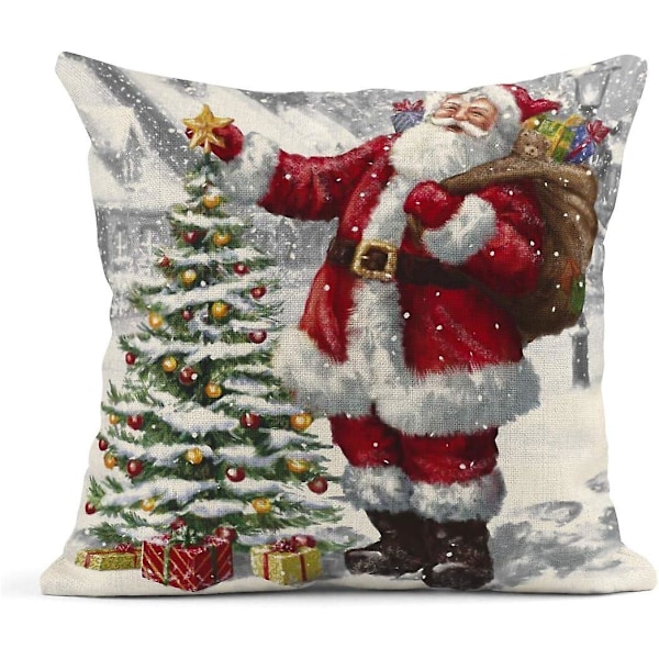 Sæt med 4 linned pyntepudebetræk Wakeu Julemand Snemand Glædelig Jul Dekorativt pudebetræk Boligindretning Firkantede 45x45 cm Pudebetræk