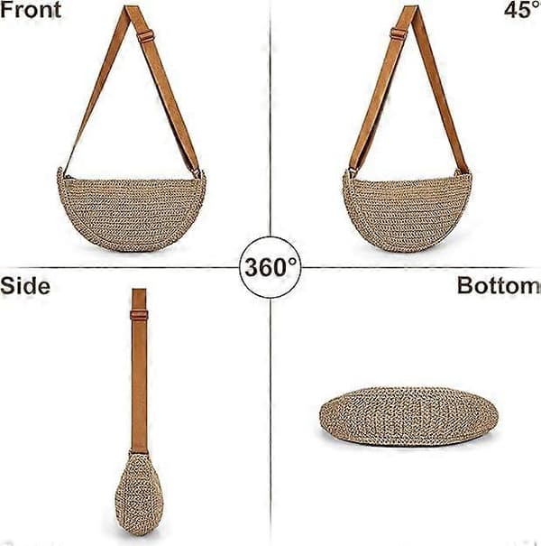 Stråväska Crossbody Strandväskor för Kvinnor Raffia Halvmåneväska Vävda Halvmåneväskor Sommar Stråväska Axelväska (Khaki)