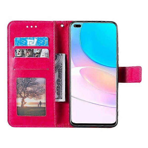 Präglad Mandala Blomma Fullständigt Skydd PU Läder + Mjuk TPU Ställ Plånboksfodral med Rem Kompatibel med Huawei nova 8i Pink