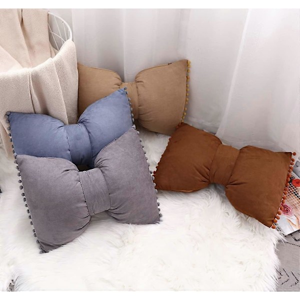 Søte Pompom Sløyfe Pynteputer Semsket Myk Putetrekk med Putefyll for Gårdshus Stue Sofa (Brun, 35x51cm)