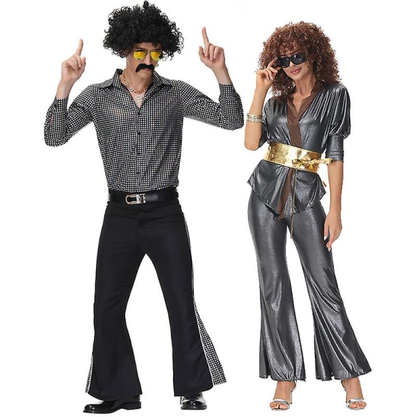 Flerfärgat par 60-tal 70-tal Hippy Disco Kostym Retro Rockabilly glänsande skjorta Cosplay Carnival Halloween Fancy Party Dress B1 XL