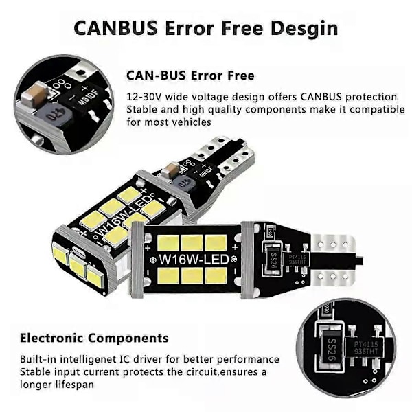 2 st Stark Vit Canbus LED-lampa för Bil Backup Backljus 912 921 T15 W16W