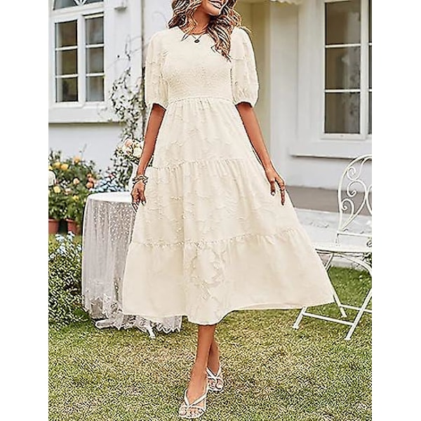 Dame 2023 Sommer Puff Erme Smock Blomsterkjole Rund Hals Blonde Midi Kjoler Casual Kjoler For Damer