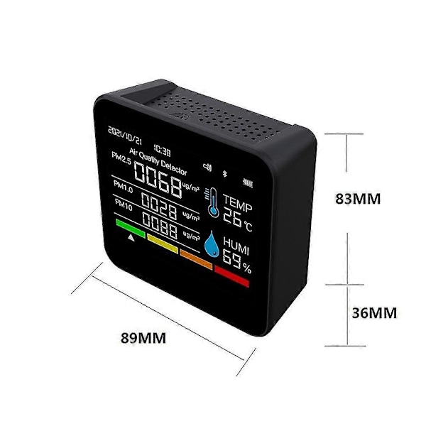 9-i-1 BT Luftkvalitetsmätare Tid/datum Co2 Tvoc Hcho Pm2.5 Pm1.0 Pm10 Temperatur Fuktighetsdetektering