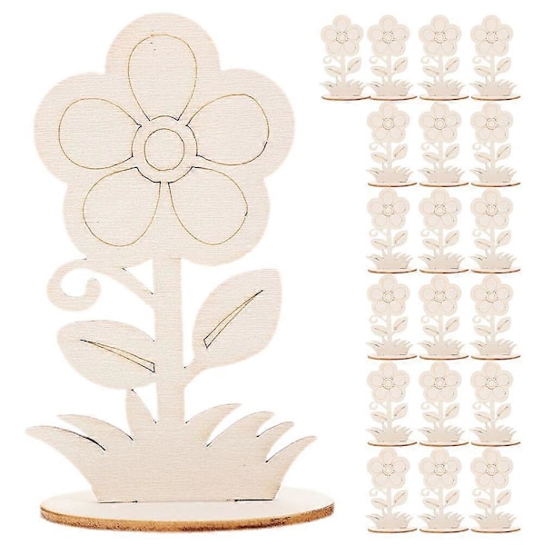 20 st Obehandlade Träblommor DIY Tomma Träblommor Trä 3D Blomdekoration
