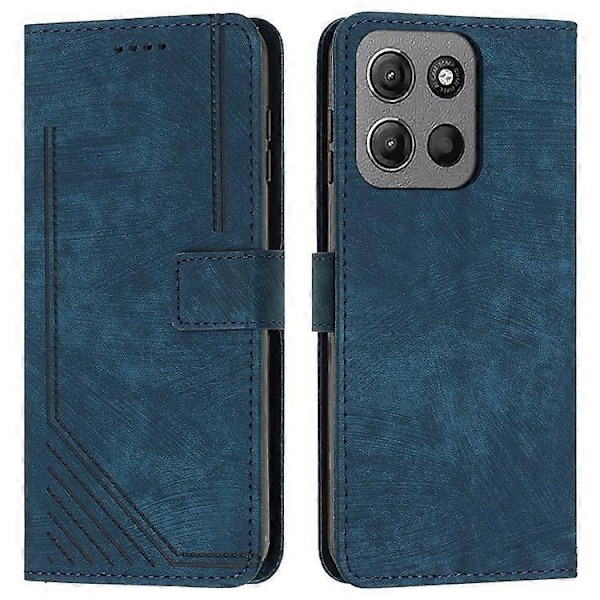 Kompatibel med Motorola Moto G15 4G Etui Prægede Linjer Læder Telefon Cover Foldbart Stativ Azure