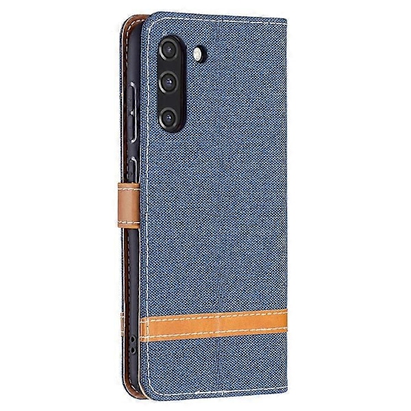 Splejsning Jeans Stof Overflade Læder Telefon Cover Wallet Stand Case Kompatibel Med Samsung Galaxy S21 FE/S21 Lite OceanBlue