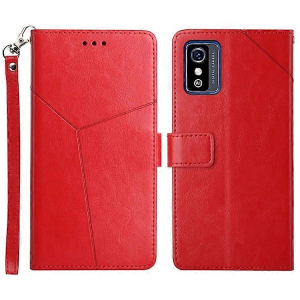 Kompatibelt för ZTE Blade L9 Anti-fingeravtryck Y-formade Linjer Präglat Handrem Magnetiskt PU Läder Ställ Telefonskal med Plånbok Red