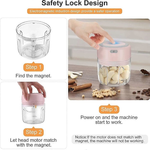 Elektrisk Mini Matkutter, Elektrisk Hvitløksprosessor, Mini Baby Tilleggsmat Blender - Rosa - 250ML