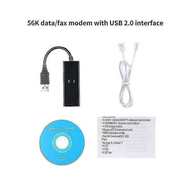 Ekstern USB 56k V.92 V.90 Dial Up Fax Modem Til Win Xp/vista7/8/10 Sort