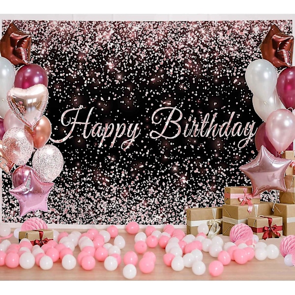 Haboke 7x5ft Tålig Tyg Grattis på födelsedagen Bakgrund Rosa Och Svart Glänsande Guldprickar Glamour Glitter Söt Fotobakgrund För Barn Vuxna Födelsedag