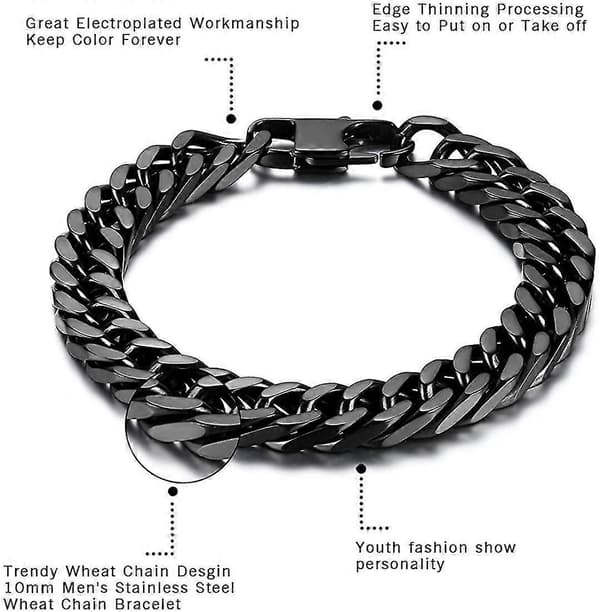 Herrearmbånd, 10 mm bredde sort rustfrit stål armbånd armring kantsten