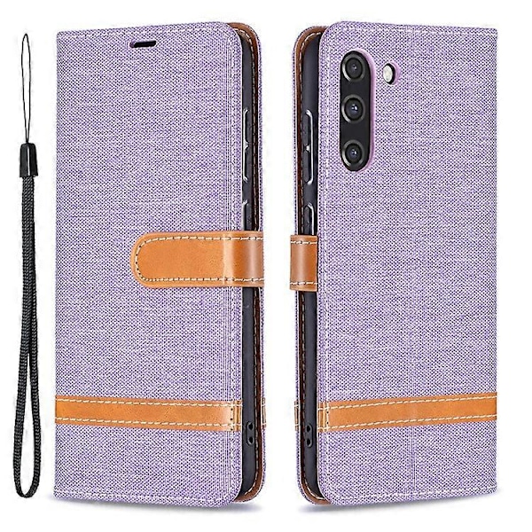 Splejsning Jeans Stof Overflade Læder Telefon Cover Wallet Stand Case Kompatibel Med Samsung Galaxy S21 FE/S21 Lite Purple