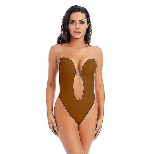 Tflycq kvinnor kastar djup V-ringad Body Shaper Axelbandslös Backless Body Shapewear U Plunge Seamless Thong Hela Bodysuits Coffee S(32)