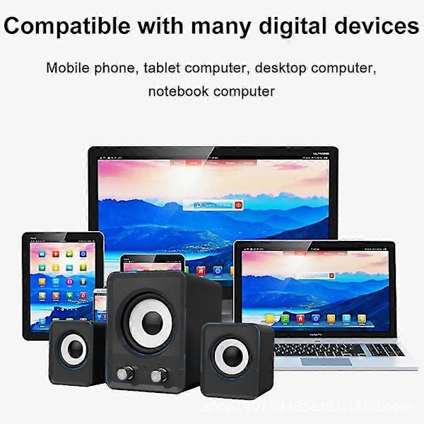 Kompakt 2.1 Subwoofer USB Højttalersæt 12W, 3.5mm, USB-drevet til PC, Laptop, Tablet og Smartphone - Helt Sort