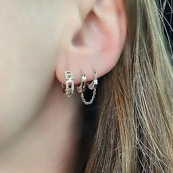 14k Gullbelagt Trippel Huggie Illusjon Øredobber | Doble Huggie Hoop Øredobber For Ett Hull | Gull Hoop Øredobber For Kvinner