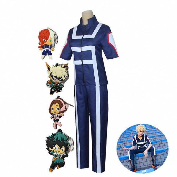 Japanilainen anime Mha Bnha -asu univormu asu Unisex High School -kuntosali univormu, jossa 4 avaimenperää ja peruukki 2 XL