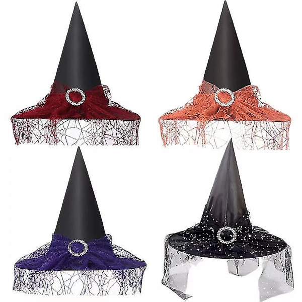 Naisten Halloween Vintage Noidanhattu, Läpinäkyvä Pitsihuntu Printti Hattu Juhlatarvikkeet Halloween Asusteet Viininpunainen uu