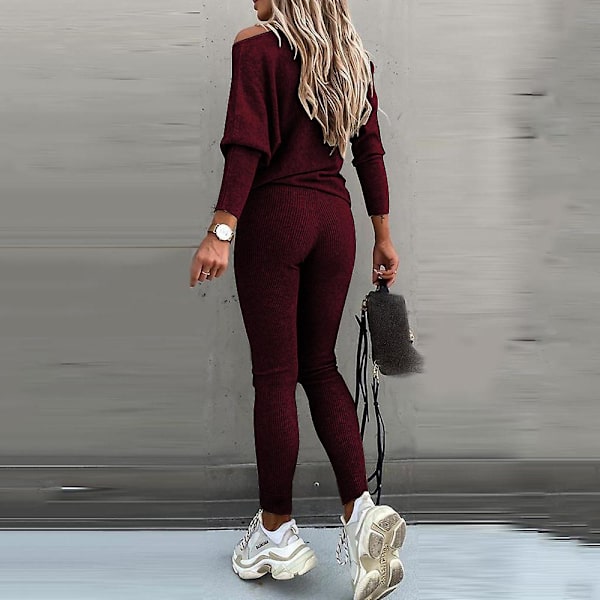 Kvinnor Vanlig Casual träningsoverall långärmad T-shirt Leggings Skinny Pants Outfit Set Wine Red M