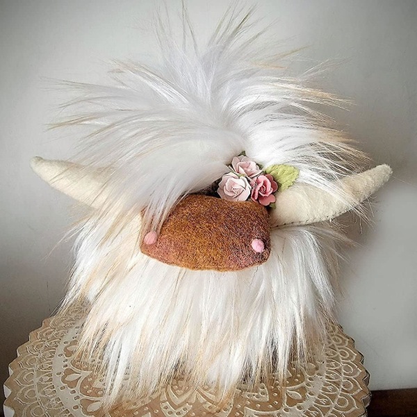 Handgjord Highland Cow Gnome, Farmhouse Nordic Dwarf Heminredning White