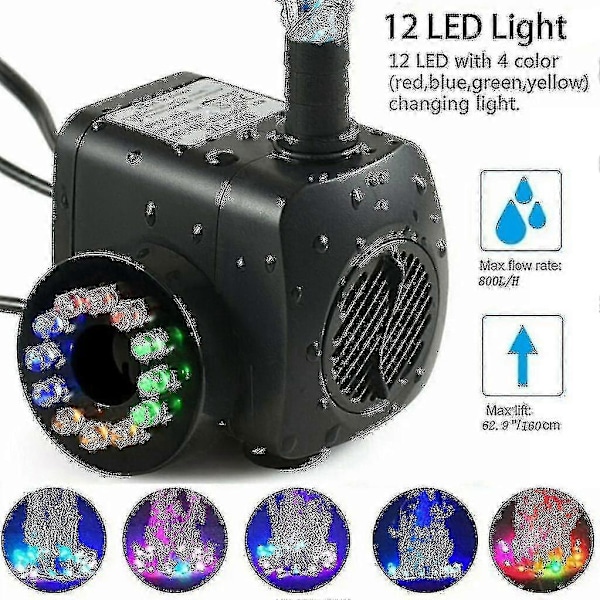 15w 800lh Fontæne Pumpe, Dam Pumpe, Have Pumpe, Fontæne Pumpe Med 12 Leds