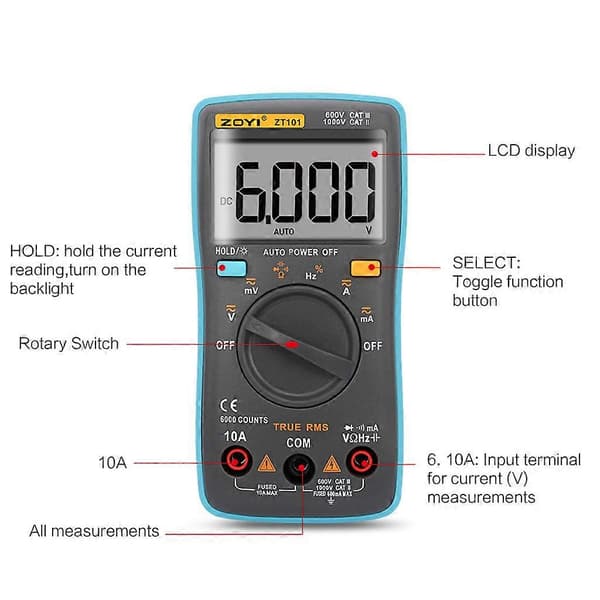 ZT101 Digitalt Multimeter Bakgrunnsbelysning A-C/D-C Amperemeter 6000 Teller A-C/D-C Amperemeter