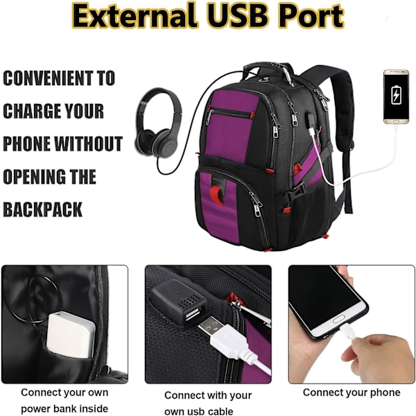 Extra Stora 50l Laptop Ryggsäckar Vattenavvisande College Ryggsäckar Flygbolagsgodkänd Affärsarbetsväska Med USB Laddningsport Passar 17 Tums Dator