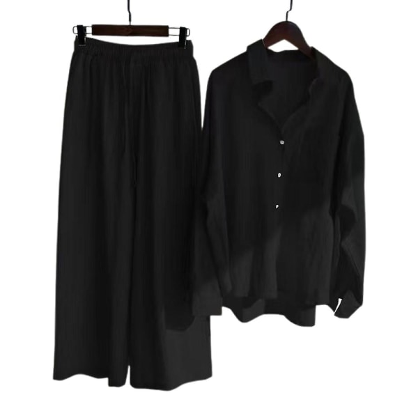Kvinnor långärmad skjorta kostym Casual blus + elastisk midja Byxor med vida ben Byxor Outfit Set Black S