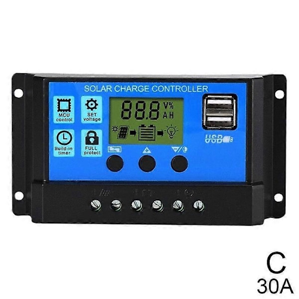 Solcellepanel LCD Regulator Ladekontroller Batteri 24V Dobbel USB 10/20/30