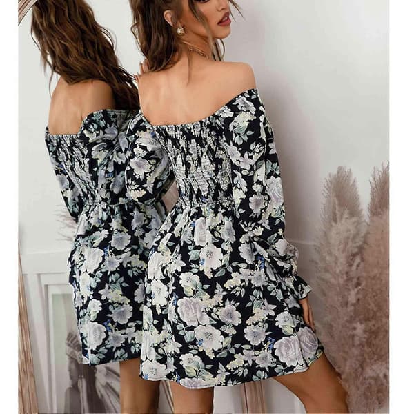 Blommig Rynkad Off Shoulder Klänning Trendig Elastisk Stretchig Elegant Klänning för Kvinnor