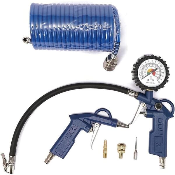 6 - Kompressor Tilbehørssæt - 5m Luftslange - Dækpumpe Blæsepistol - Dyser Adaptere - Værksted Garage DIY - Blå