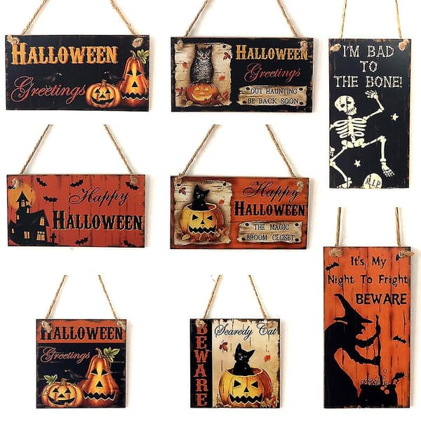 Halloween Tema Fest Dekoration Rektangulär Hängande Skylt i Trä (stil D) bd