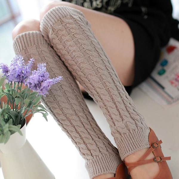 Kvinnor högt knä stickad benärm Vinter benvärmare Strumpor Slouch Boots manschetter Toppers Light Grey