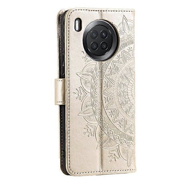 Præget Mandala Blomst Fuld Beskyttelse PU Læder + Blød TPU Standpung Telefon Cover med Rem Kompatibel med Huawei nova 8i Gold