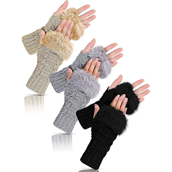 3 Par Fingerløse Vinterhandsker Kunstpels Hæklet Varme Mellemlange Tommelfingerhul H