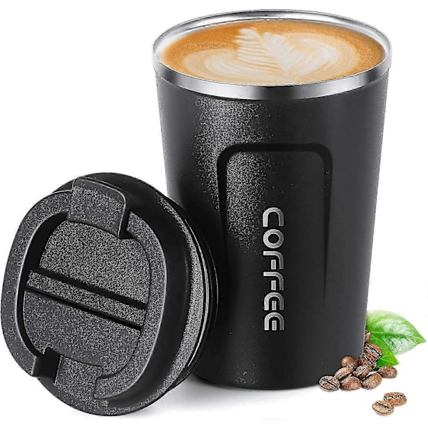 Isolerad Kaffemugg, Dubbelväggig Resemugg Vakuumisolering Rostfritt Stål med Återanvändbar Mugg, Te och Öl 384ml, Svart