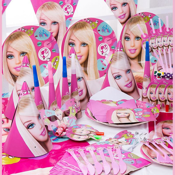 Barbiee Doll Födelsedagsfest Dekorera Tillbehör Rosa Tjejtema Bordsservis Kopp Tallrik Ballong Baby Shower Prinsessan Festdekor Presenter 16pcs set 7