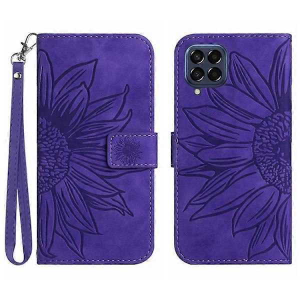 Yhteensopiva Samsung Galaxy M53 5G HT04 -puhelinmallille, ihon tuntuinen PU-nahkainen suojakuori, painettu auringonkukka, jalustallinen lompakkokotelo DarkPurple