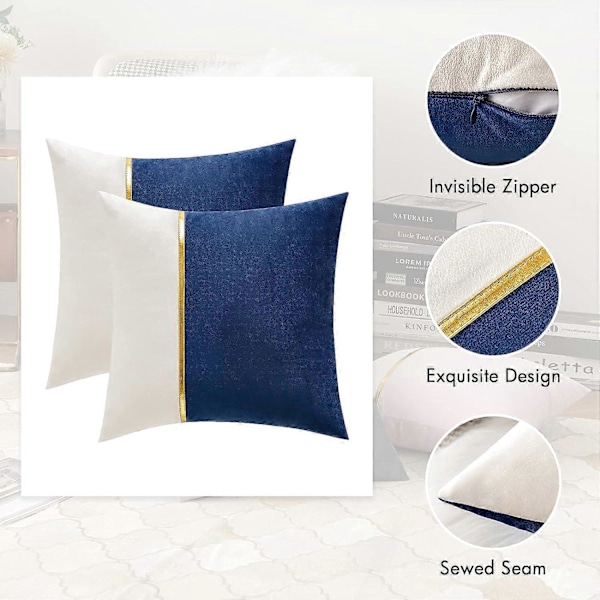 2-pack Dekorativa Sammets Kuddfodral Patchwork med Guld Läder Fyrkantiga Mjuka Enfärgade Örngott Soffkuddar Kuddfodral för Säng Soffa Li