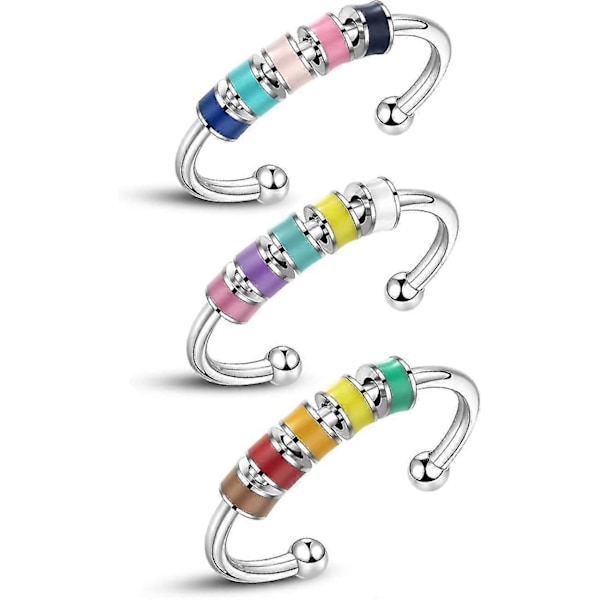 3 st Snurrande Fidget Ring i Emalj, Ångestdämpande Ring i Rostfritt Stål, Ångestring med Flerfärgad Rullkula-ZZY
