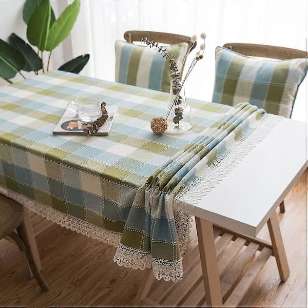 Buffalo Plaid Blondekant Borddug Linned Tekstureret Ternet Støvtæt Bordovertræk til Køkken Spisebord Dekoration (Grøn, 140x250 cm)