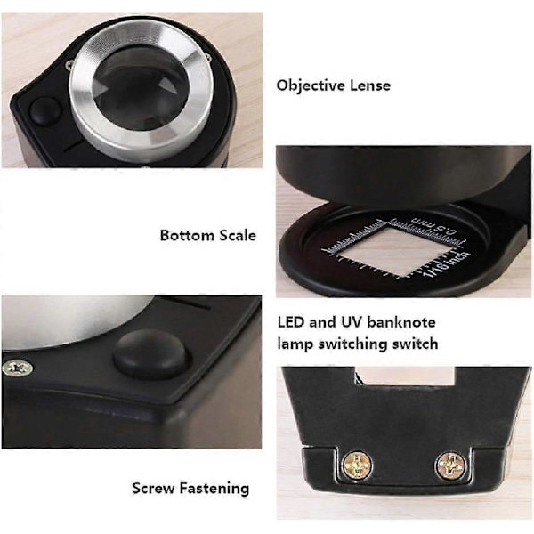 30X Håndholdt Mikroskop Forstørrelsesglas Juveler Loupe med Lys, 6 LED Desktop Metal Forstørrelsesglas Bærbar Foldbar Skala Øje Loop